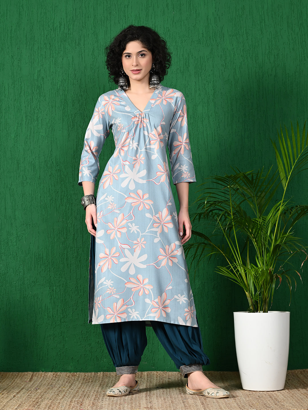 Women's Elegant Grey & Peach Floral Printed Poly Rayon Kurta with Navy Blue Patiala