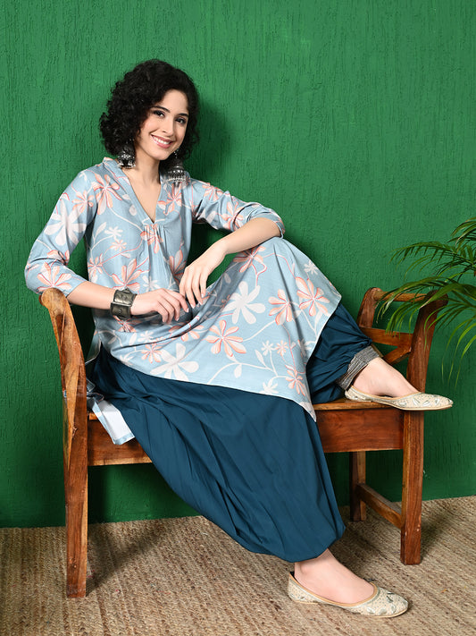 Women's Elegant Grey & Peach Floral Printed Poly Rayon Kurta with Navy Blue Patiala