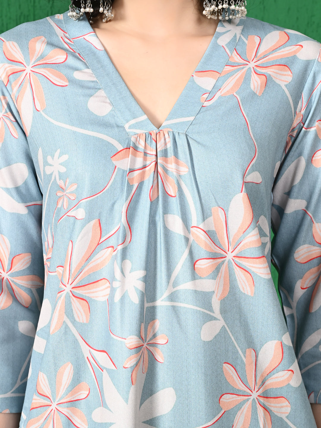 Women's Elegant Grey & Peach Floral Printed Poly Rayon Kurta with Navy Blue Patiala