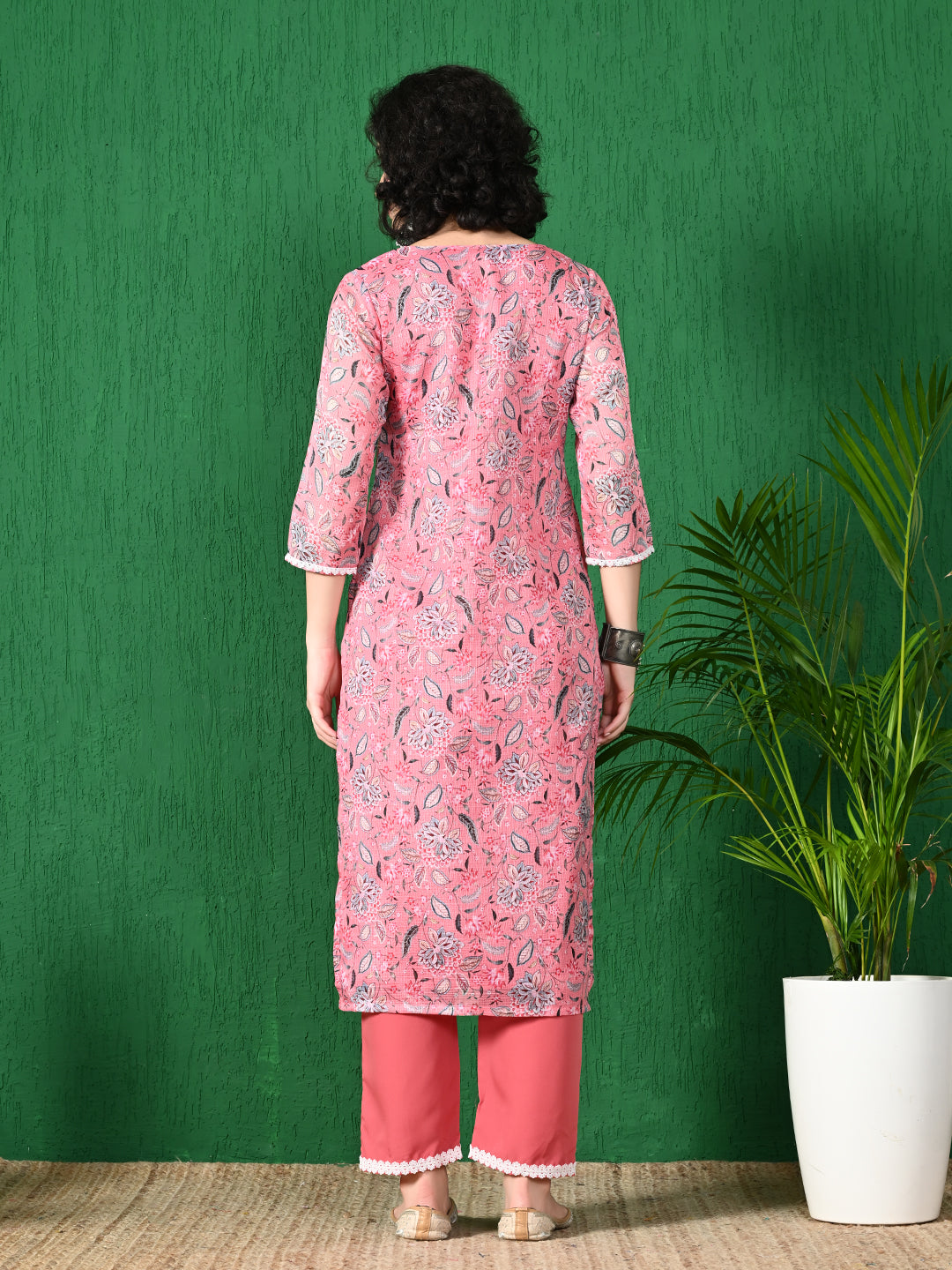 Women's Charming Pink Floral Printed Kota Check Kurta with Solid Pink Palazzo Set