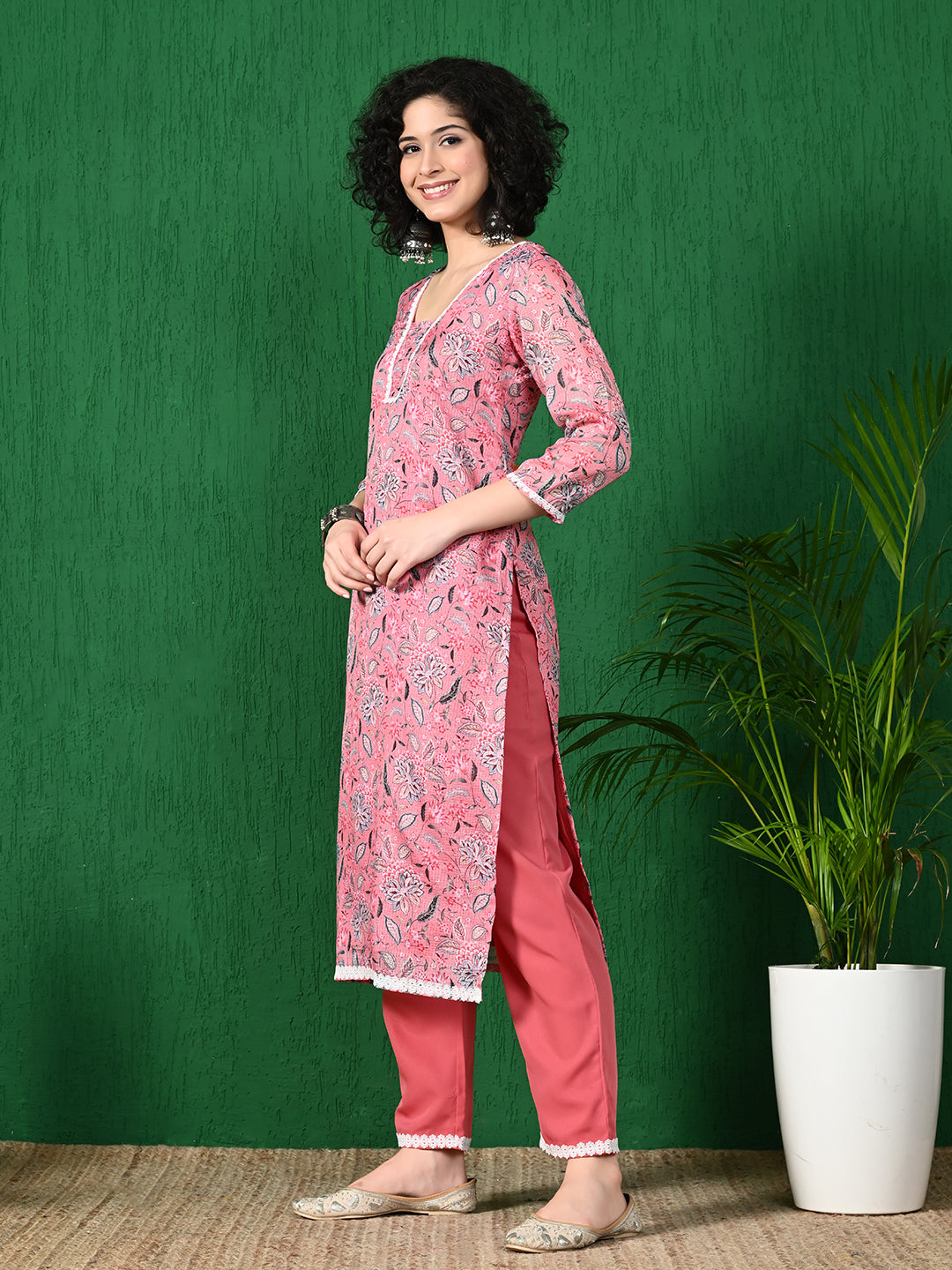 Women's Charming Pink Floral Printed Kota Check Kurta with Solid Pink Palazzo Set