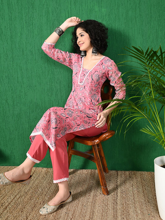 Women's Charming Pink Floral Printed Kota Check Kurta with Solid Pink Palazzo Set